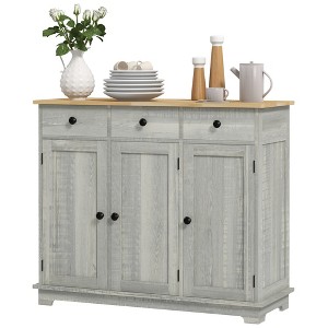 Kitchen Storage Cabinet, Sideboard Floor Cupboard with Solid Wood Top, Adjustable Shelf, and 3 Drawers - 1 of 4