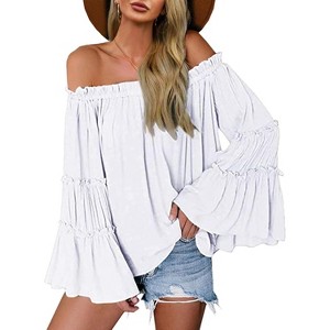 Imily Bela  Womens Off The Shoulder Top Long Bell Sleeve Blouse Loose Fit - 1 of 4