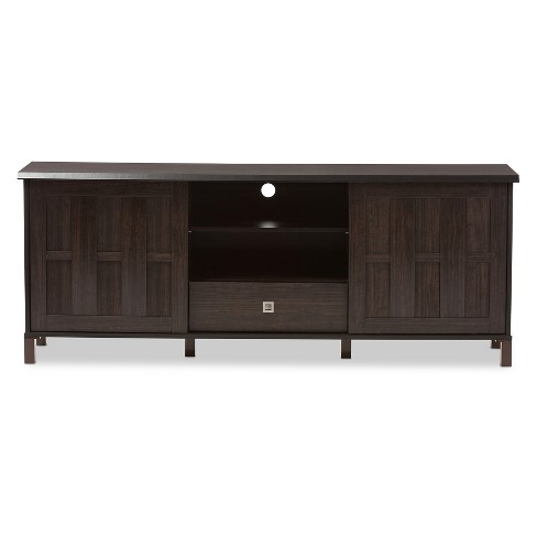 unna 70" wood tv cabinet with 2 sliding doors and drawer - dark brown -  baxton studio