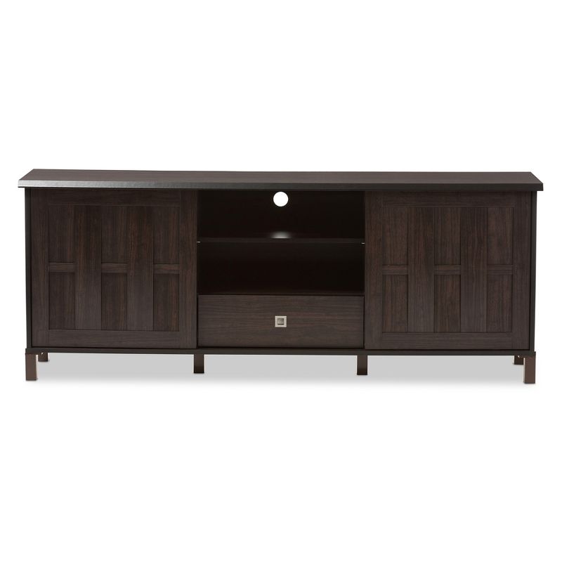 Unna Wood TV Cabinet with 2 Sliding Doors and Drawer TV Stand for TVs up to 70&#34; Dark Brown - Baxton Studio, 3 of 8