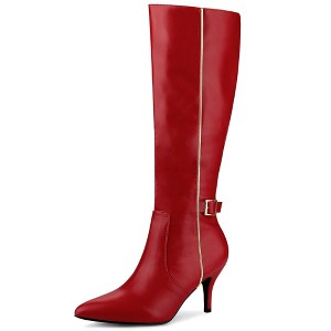 Allegra K Women's Pointy Toe Buckle Decor Side Zip Stiletto Heel Knee High Boots - 1 of 4