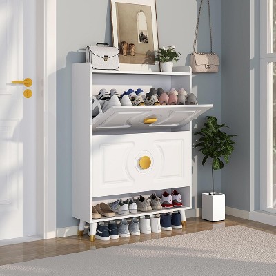 TIRAMISUBEST White Shoe Cabinet with Flip Drawers - Space Saving Entryway Storage Organizer for Shoes, Holds Up to 16 Pairs