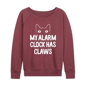 Women's - Instant Message - My Alarm Clock Has Claws Lightweight French Terry Wide Neck Long Sleeve Graphic Shirt - 1 of 4