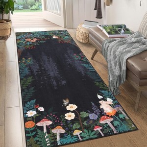 Floral Bordered Accent Carpet, Non-Slip Geometric Floor Cover, Stain-Resistant Low Pile Indoor Mat for Playroom, Living Room - 1 of 4