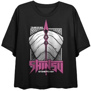 Tower of God Spear Shield on rectangular frame, Tower of God text, Shinsu stone power on Black Short Sleeve Adult Crop T-Shirt - 1 of 3