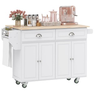 HOMCOM Rolling Kitchen Island on Wheels, Kitchen Cart with Solid Wood Drop Leaf Breakfast Bar, Storage Drawers, 4-Door Cabinets, Spice Rack - 1 of 4