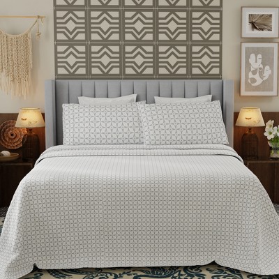 Twin XL Gray Square Star Cotton Blend Percale Sheet Set
