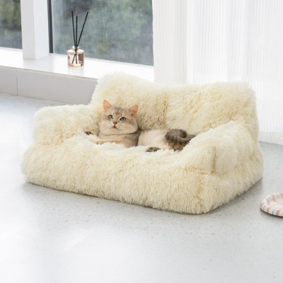 Bencmate Pet Bed, Washable Puppy Sleeping Bed Cat Couch Pet Sofa Bed, Soft Calming Cat Sofa Beds for Indoor Cats Anti Slip Bottom,Beige(30"*18"*13")