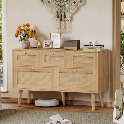 USIKEY  5 Drawer Dresser for Bedroom, Dresser for Closet, Wood Boho Rattan Dressers with Solid Wood Legs, Dressers TV Stand for Bedroom, Natural
