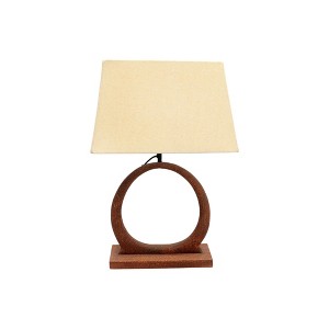 HomeRoots 21" Distressed Brown Solid Wood Geometric Table Lamp With Beige Drum Shade - 1 of 4