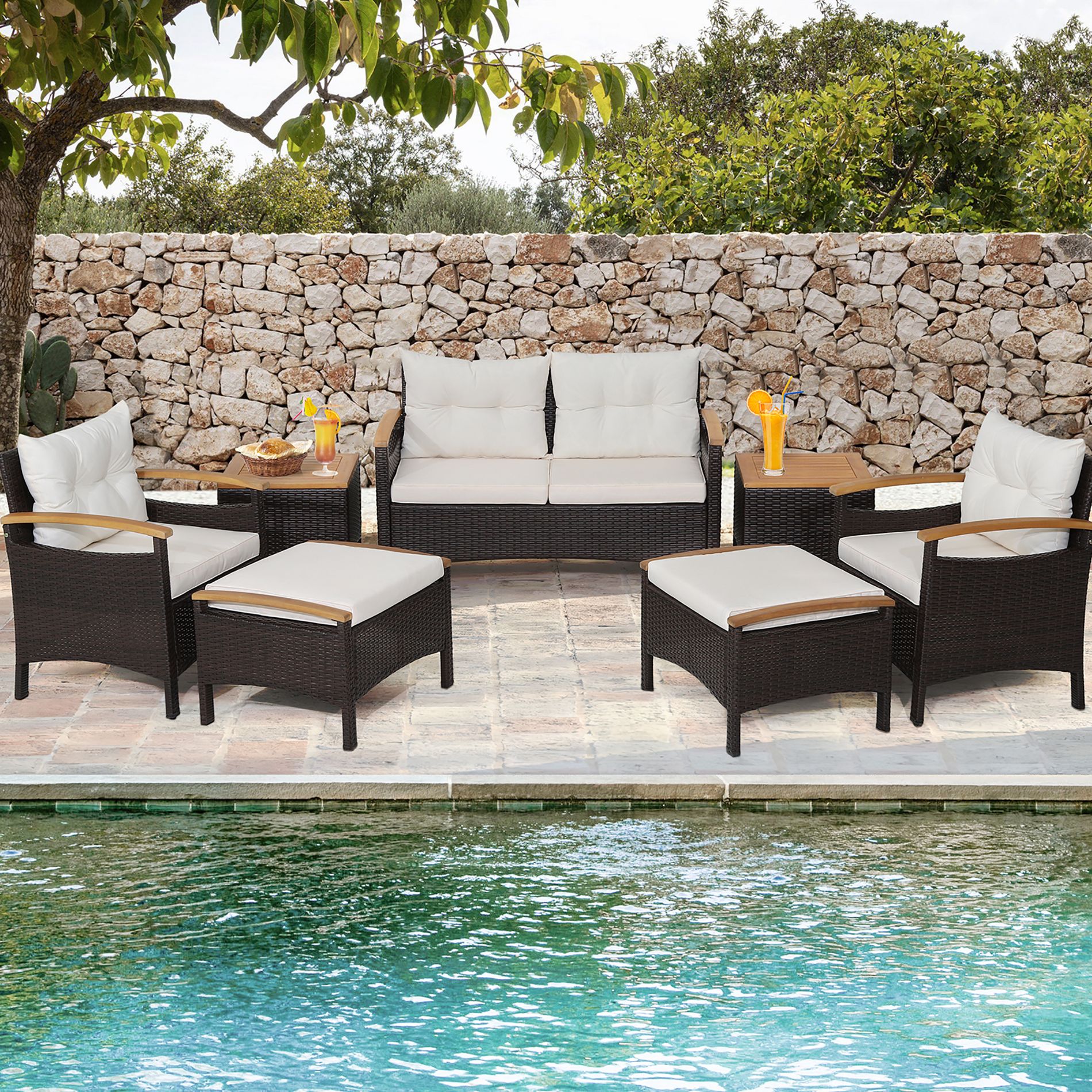 Costway 7PCS Patio Rattan Furniture Set Cushion Armrest Loveseat Ottoman Table