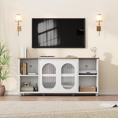 Modern Wooden TV Stand for 70 Inch, Entertainment Center with Storage, Shelves and Glass Doors, Media Console Cabinet Furniture for  Home Office