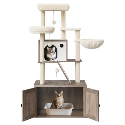 Litter Box Enclosure with Cat Tree Tower & Condo - Hidden Cat Washroom Furniture