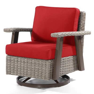 COWLOWN Red Patio Wicker Swivel Rocker Chair, Outdoor 360 Degree Lounge Chair with Durable Cushions & Ergonomic Support for Garden and Deck Seating