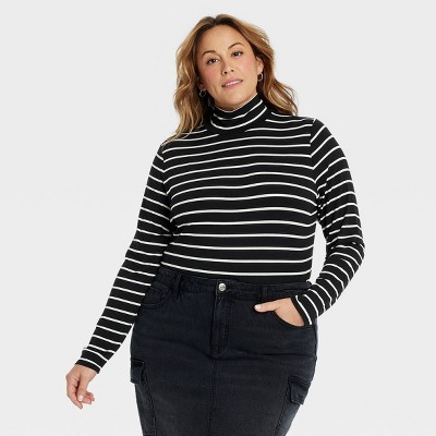 Women's Slim Fit Long Sleeve Turtle Neck T-Shirt - Ava & Viv™ Black Striped 1X: Midweight Rayon-Spandex Jersey, Pullover Design