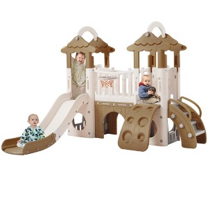 NAYSAYE Playground Slide Toddler Climber Playset with Tunnel and Basketball Hoop for Indoor Outdoor Fun, Brown, 72"*66.1"*69.45" - 1 of 4