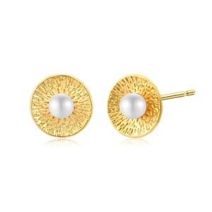 14K Gold Plated White Pearl Stud Hammered Circle Wedding Earrings for Bride and Bridesmaids Women - 1 of 4