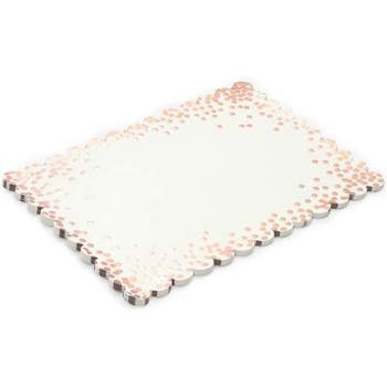 50-Pack Rose Gold Polka Dots Rectangle Disposable Paper Placemats with Scalloped Edge for Dinning Table, Wedding Party Tableware Decorations, 14x10"