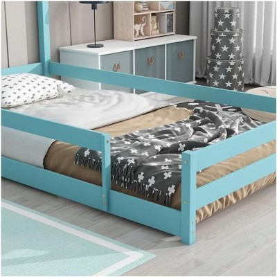 Acekool Twin House Bed Frame with Guardrails, Modern Pine Wood Platform, House-Shape Headboard, For Kids Room, Grey