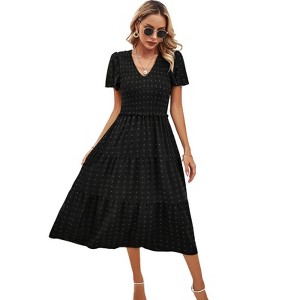 Women Holiday Elegant Jacquard Summer Short Sleeve Pleated Dress - 1 of 4