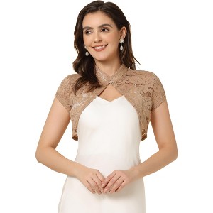 INSPIRE CHIC Women's Lace Stand Collar Pearl Button Short Sleeve Cropped Shrug - 1 of 4