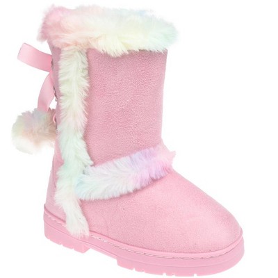 Bebe Girl's Stylish and Cozy Microsuede Winter Boots with Sparkling Rhinestone Grommets and Playful Pom Pom Accents