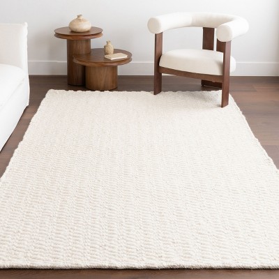 Ivory Chevron Handwoven Wool Square Area Rug, 5' x 8'