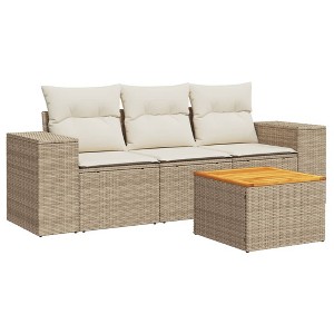 vidaXL Patio Sofa Set with Cushions Outdoor Furniture 4 Piece Poly Rattan - Beige and Cream - 1 of 4