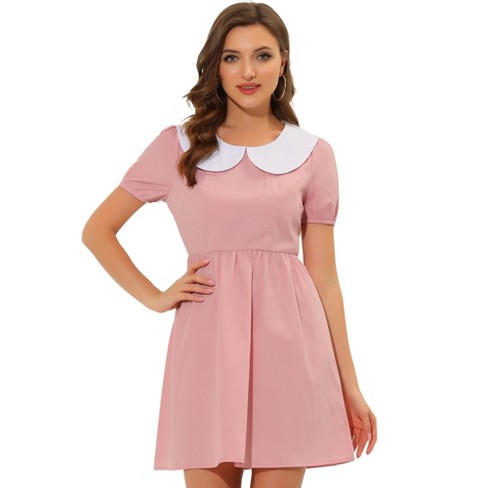 Allegra K Women's Contrast Peter Pan Collar Puff Short Sleeve A-line Dress  Pink X-Small