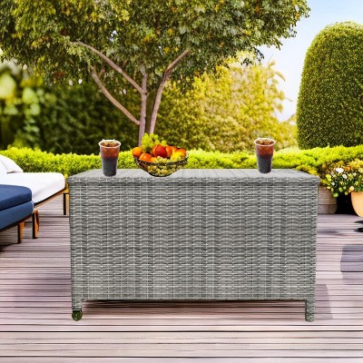 Outdoor Garden Deck Box, PE Rattan Wicker Patio Large Storage Box with Handles and Wheels, 110 Gallon, for Patio Furniture, Garden Tools, Gray