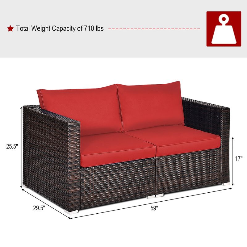 Costway  2PCS Patio Rattan Corner Sofa Sectional Furniture Set Black Cushion Black\Red, 3 of 10