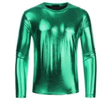 Lars Amadeus Men's Metallic Round Neck Long Sleeves Shining Disco T-Shirt