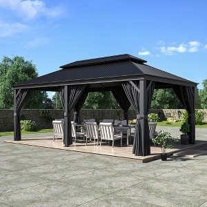 HAPPATIO 12' x 20' Hardtop Gazebo, Outdoor Double Roof Permanent Metal Gazebo Canopy with Netting and Curtains - 1 of 4