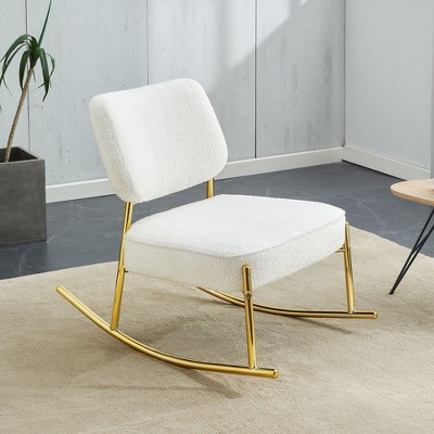 CAVINAS Bean Bag sofa Lazy Sofa, Suede Material Cushioned Rocking Chair, Cushioned Seat, White Rocking Chair with Backrest and Golden Metal Legs