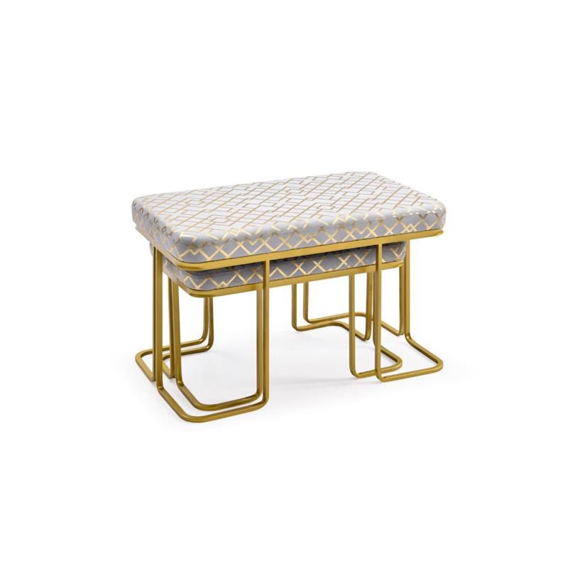 2 Piece Grey-Gold Geometric Fabric Upholstered Ottoman - Hodedah, 3 of 4