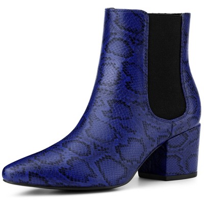 BLISSFUL STEP Snake Print Boots Pointed Toe Chunky Heels Ankle Boots for Women
