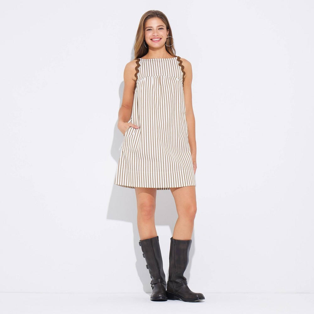 Women's Scallop Trim Mini Babydoll Dress - Wild Fable™ Brown Striped M