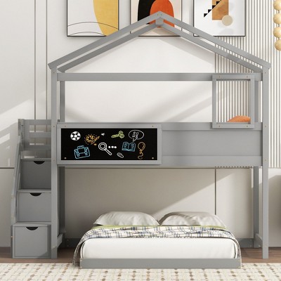 NicBex Twin Over Full Bunk Bed with Fence and Storage Staircase,Loft Bed with Blackboard for Bedroom,White/Gray