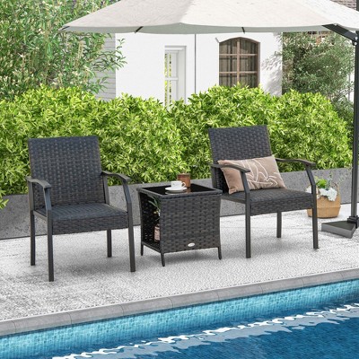 Costway 3 PCS Patio Conversation Set Wicker Chair Tempered Glass Table Cushioned Seat Quick Dry Foam All Weather