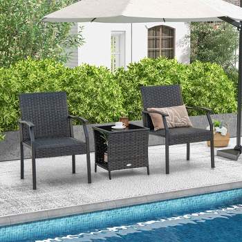 Costway 3 PCS Patio Conversation Set Wicker Chair Tempered Glass Table Cushioned Seat Quick Dry Foam