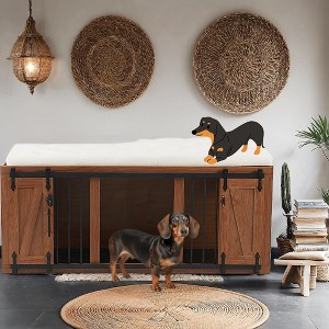 ORRD 56"L Luxury 2-in-1 Dog Crate Bench w/Sliding Barn Door & Removable Cushion - Walnut Pet Kennel Ottoman for Living Room/Bedroom - 1 of 4