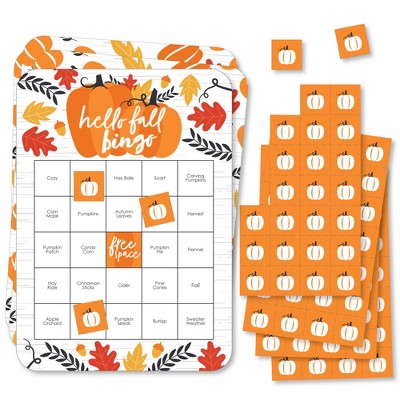 Big Dot of Happiness Fall Pumpkin - Bingo Cards and Markers - Halloween or Thanksgiving Party Shaped Bingo Game - Set of 18