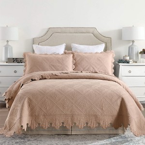 Marcielo 3 Pcs 100% Cotton Oversized Quilt Bedspread Set TK Pale Taupe Camel Queen - 1 of 4
