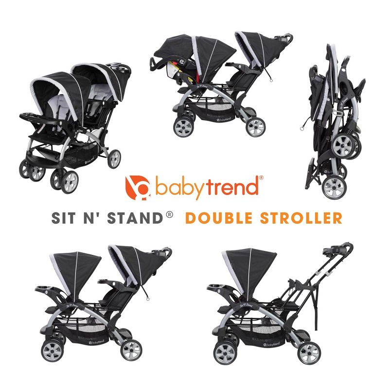 Baby Trend Sit N' Stand Multi-Use Easy Fold Travel Toddler and Baby Double Stroller with Safety Harness and Storage Basket, 5 of 9