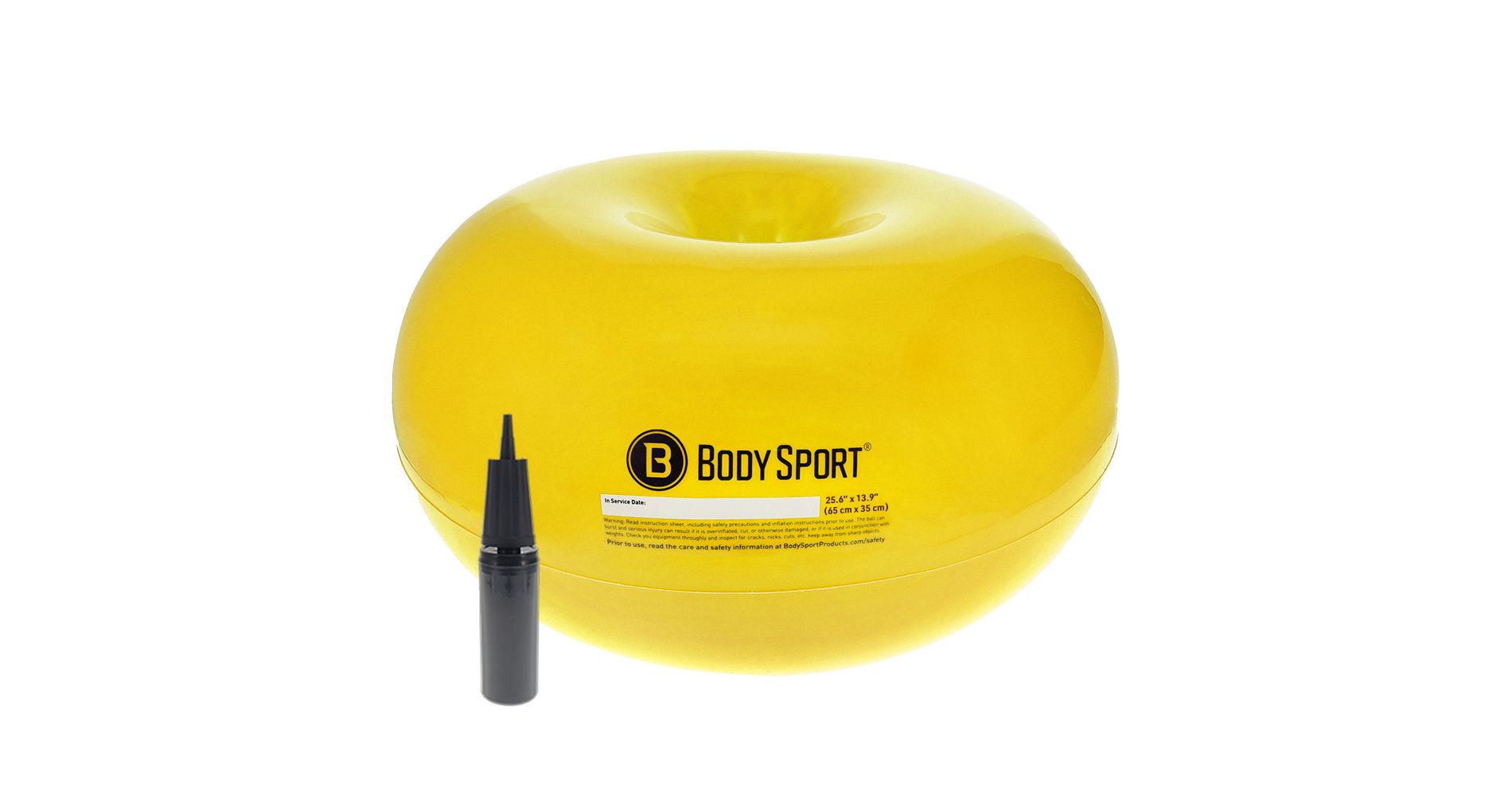 BodySport Donut Exercise Ball with Pump, Exercise Equipment for Home, Office, Gym, and Classroom, 65 cm., Yellow