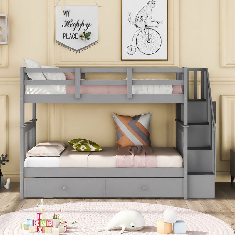 Twin-Over-Twin Bunk Bed with Twin Size Trundle and Storage Staircase 4W - ModernLuxe, 2 of 11