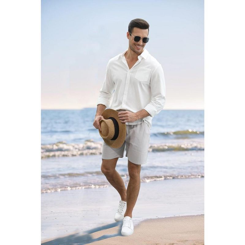 Men's Cotton Linen Sets 2 Piece Tracksuits Long Sleeve Casual Summer Beach Outfits Button Down Shirts and Shorts, 4 of 8