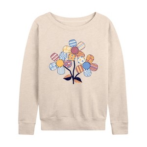 Women's - Instant Message - Patchwork Flowers Lightweight French Terry Wide Neck Long Sleeve Graphic Shirt - 1 of 4