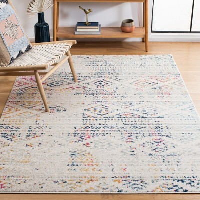 Ivory and Blue Geometric Round Synthetic Area Rug, 6' x 9'