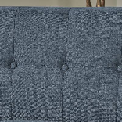 Mid-Century Blue Tufted Fabric Sofa with Wood Legs